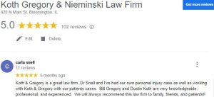 Google Reviews for personal injury lawyers at Koth Gregory & Nieminski in Bloomington IL